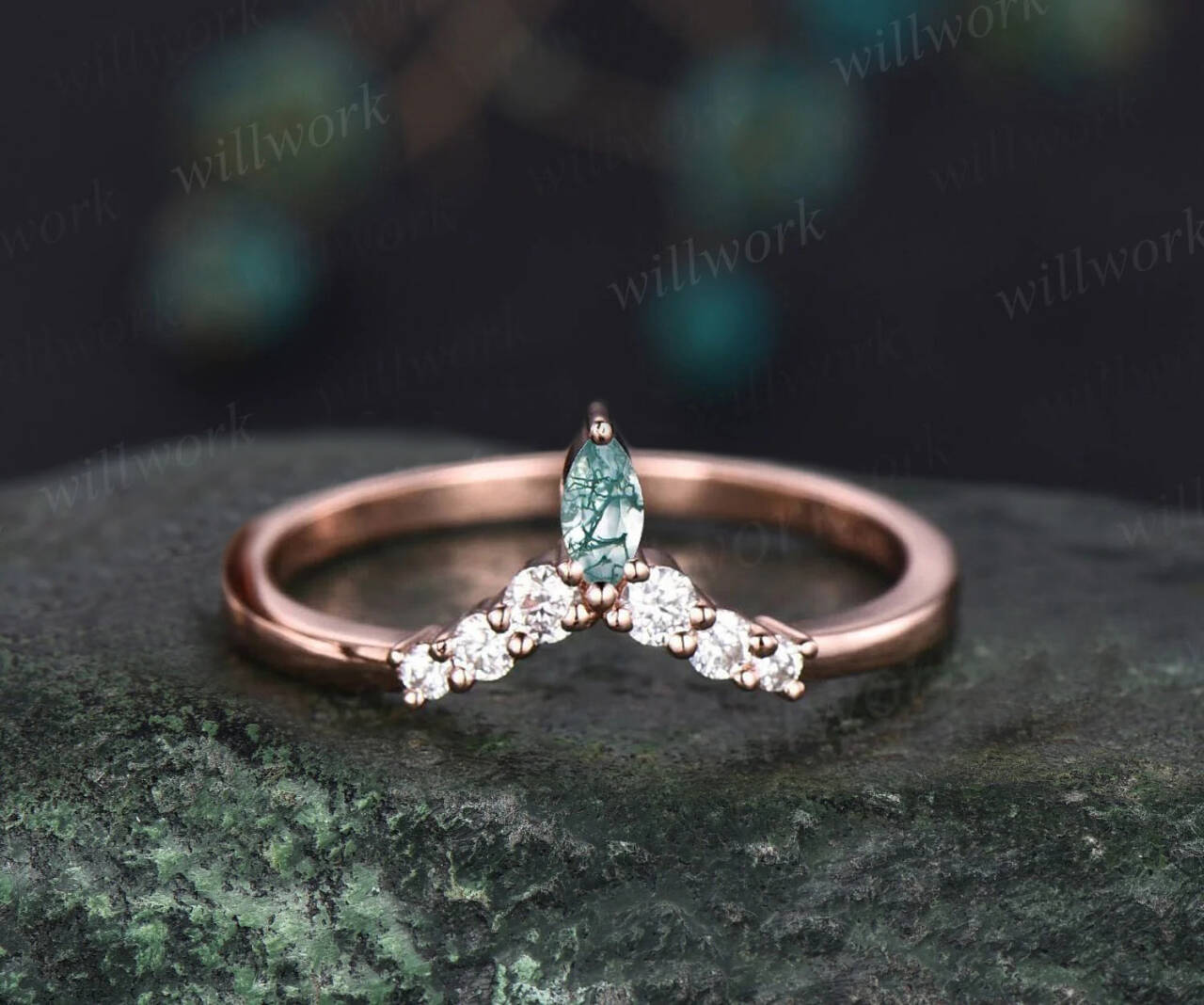 1.5ct Unique kite cut moss agate engagement ring set marquise cut moss agate ring vintage rose gold 6 prong diamond wedding ring set women 1 wedding band+M