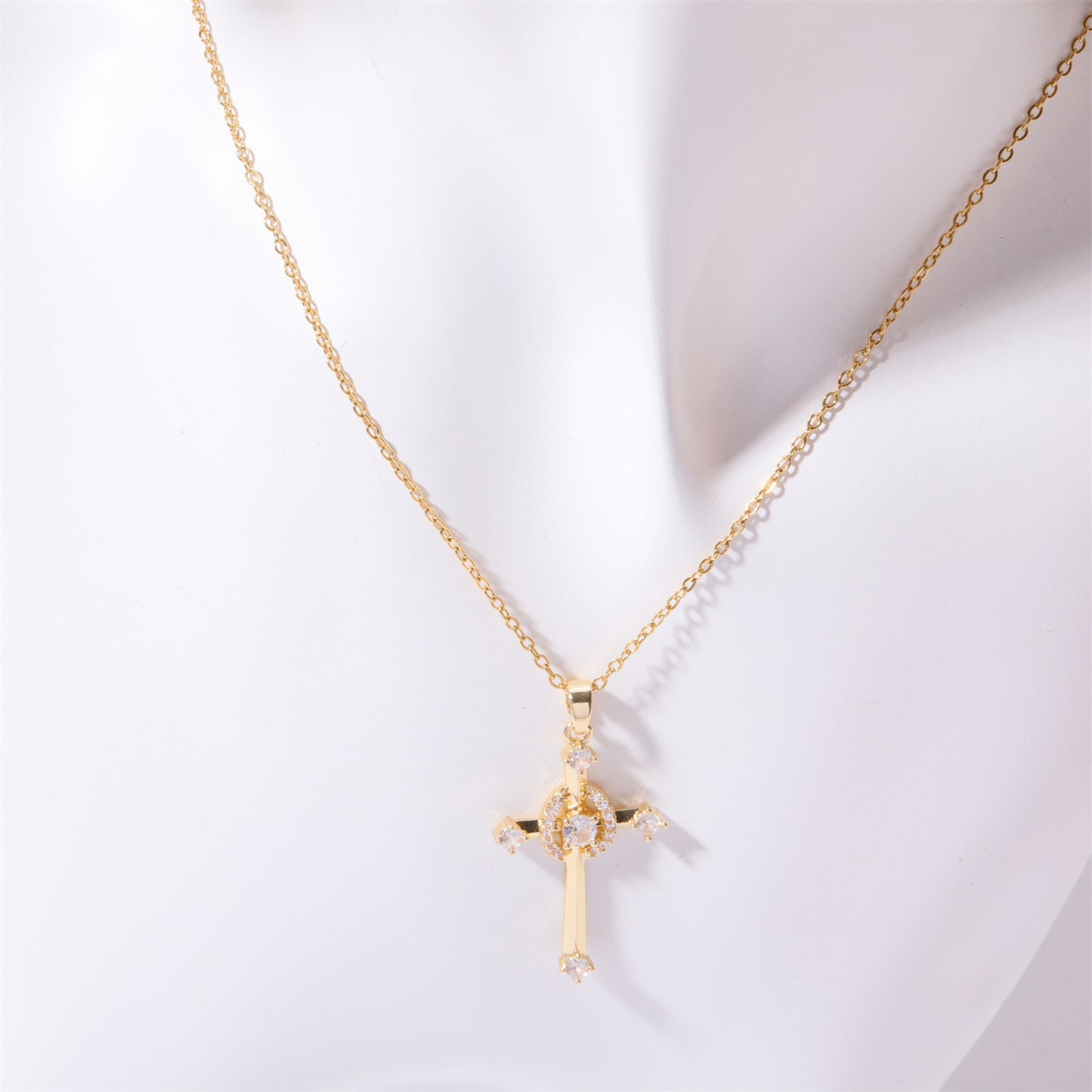 Stainless Steel Inlaid Zircon Cross Necklace Style B One Size