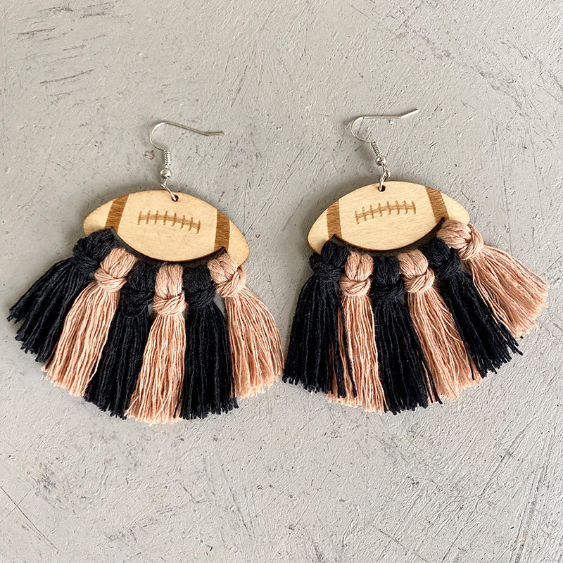 Fringe Detail Football Shape Wooden Dangle Earrings Black Peach One Size