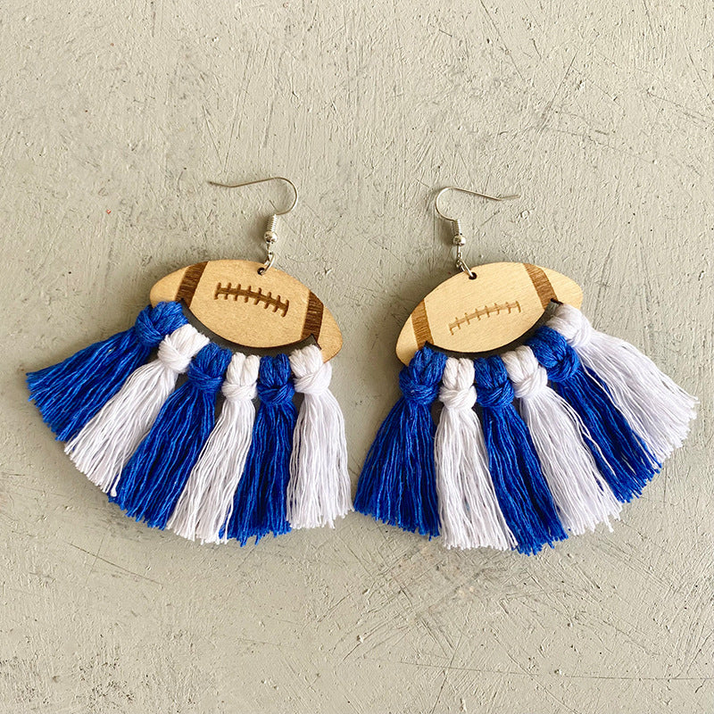 Fringe Detail Football Shape Wooden Dangle Earrings Blue White One Size
