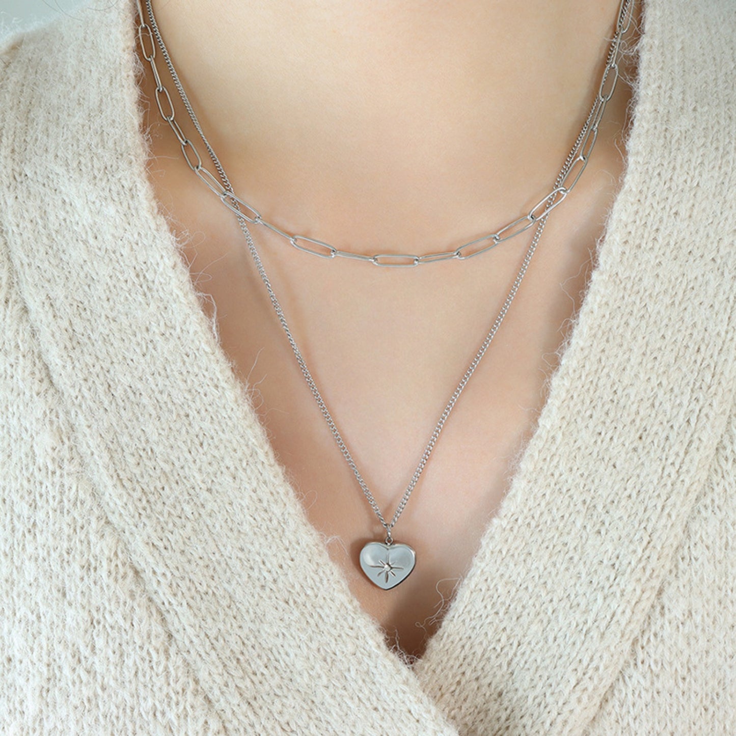 Inlaid Zircon Double Layered Heart Pendant Necklace Silver One Size