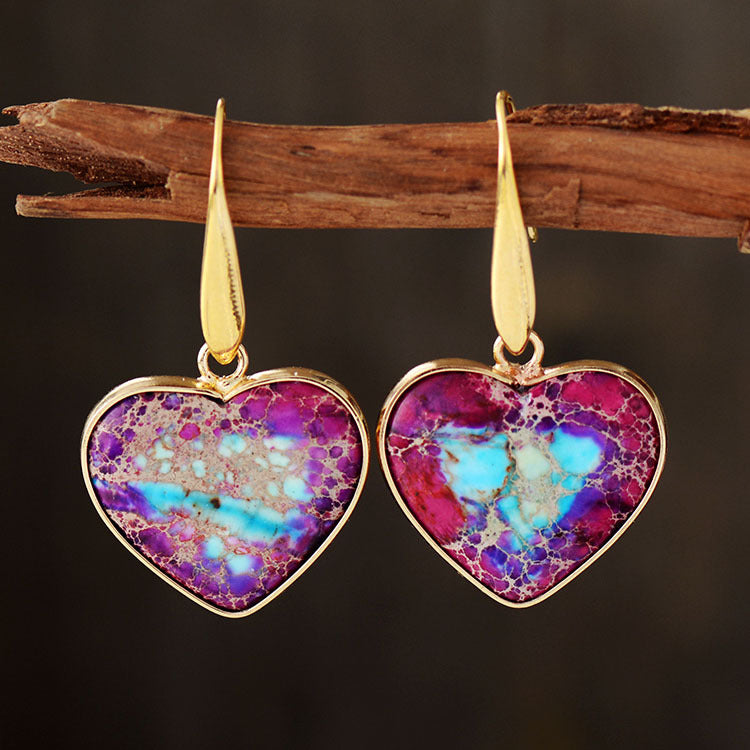 Natural Stone Heart Drop Earrings Deep Purple One Size