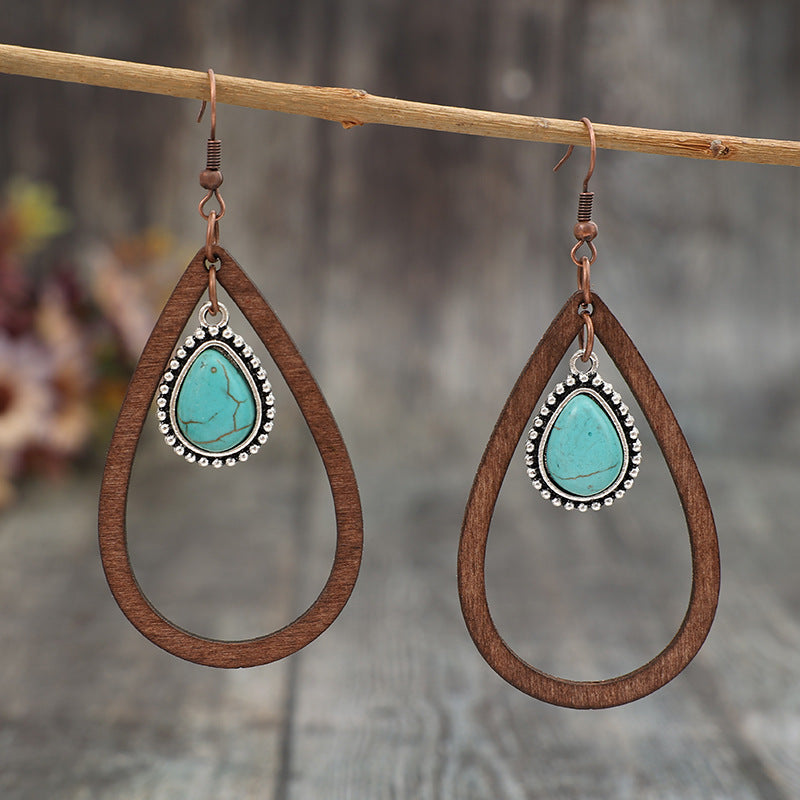 Wooden Turquoise Cutout Teardrop Earrings Brown One Size