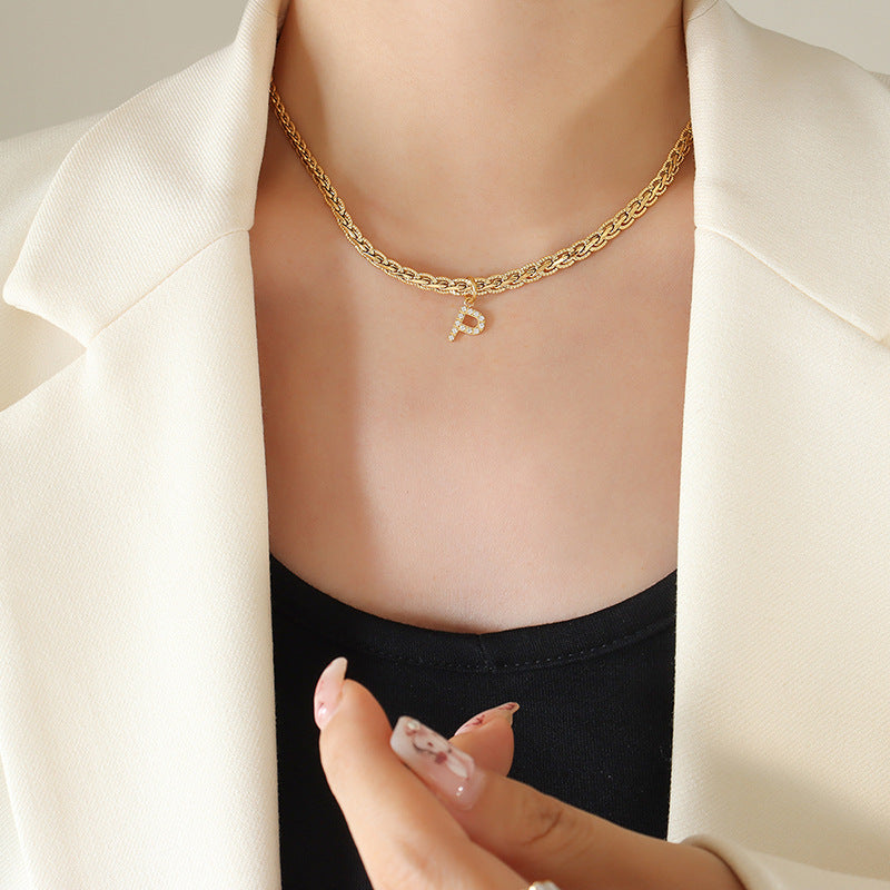 Brass Inlaid Zircon Letter Pendant Necklace Style P One Size