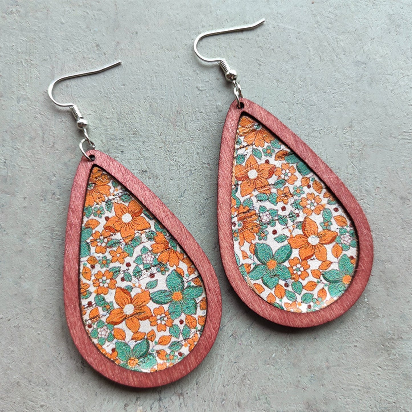 Floral Wood Teardrop Earrings Turquoise One Size