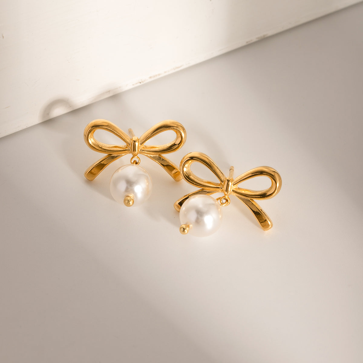 Stainless Steel Bow Pearl Earrings Gold One Size