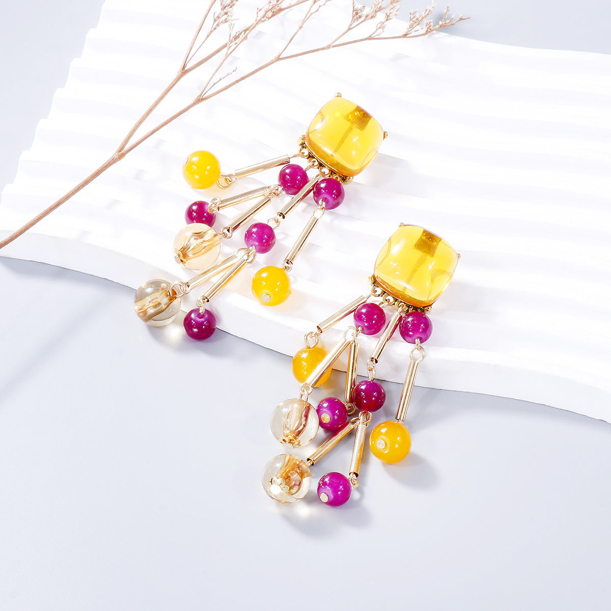 Acrylic Bead Dangle Earrings Tangerine One Size