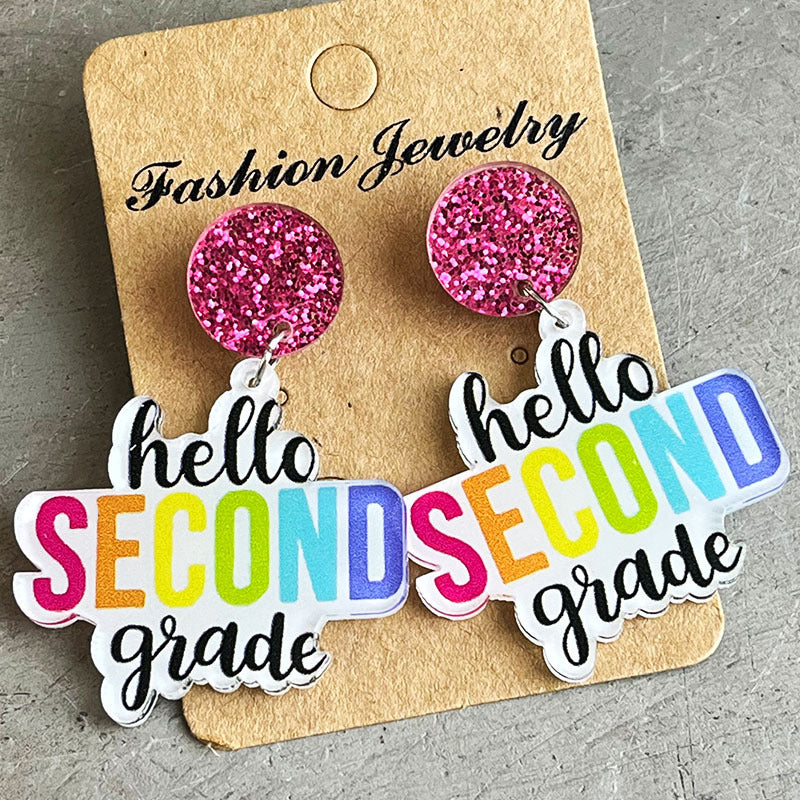 HELLO SECOND GRADE Acrylic Dangle Earrings Style B One Size
