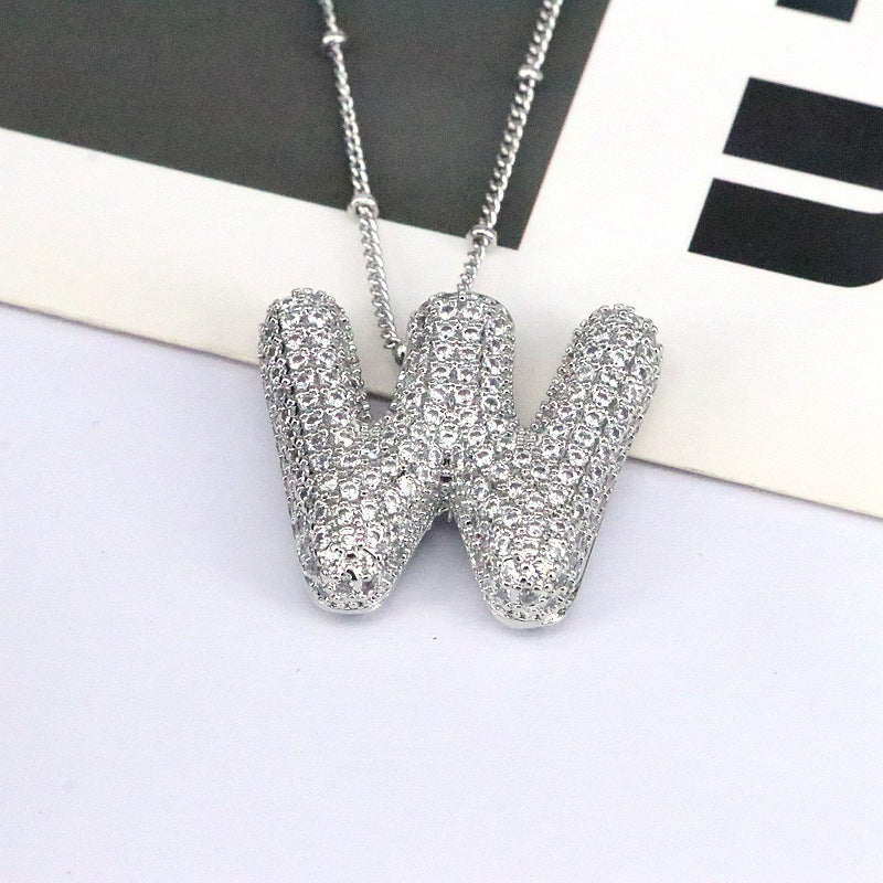 Copper Inlaid Zircon Letter Pendant Necklace Style W One Size