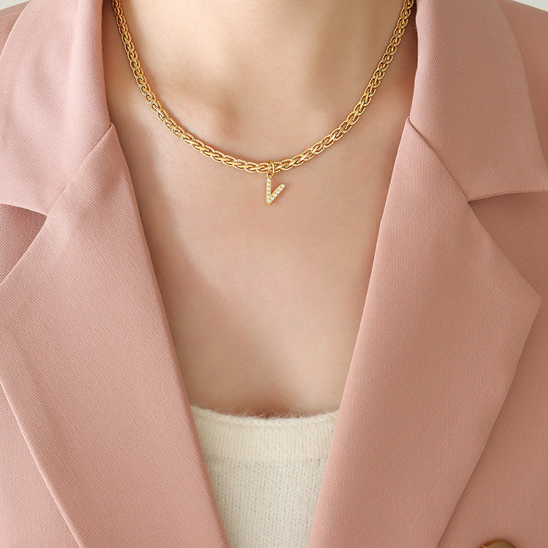 Brass Inlaid Zircon Letter Pendant Necklace Style V One Size
