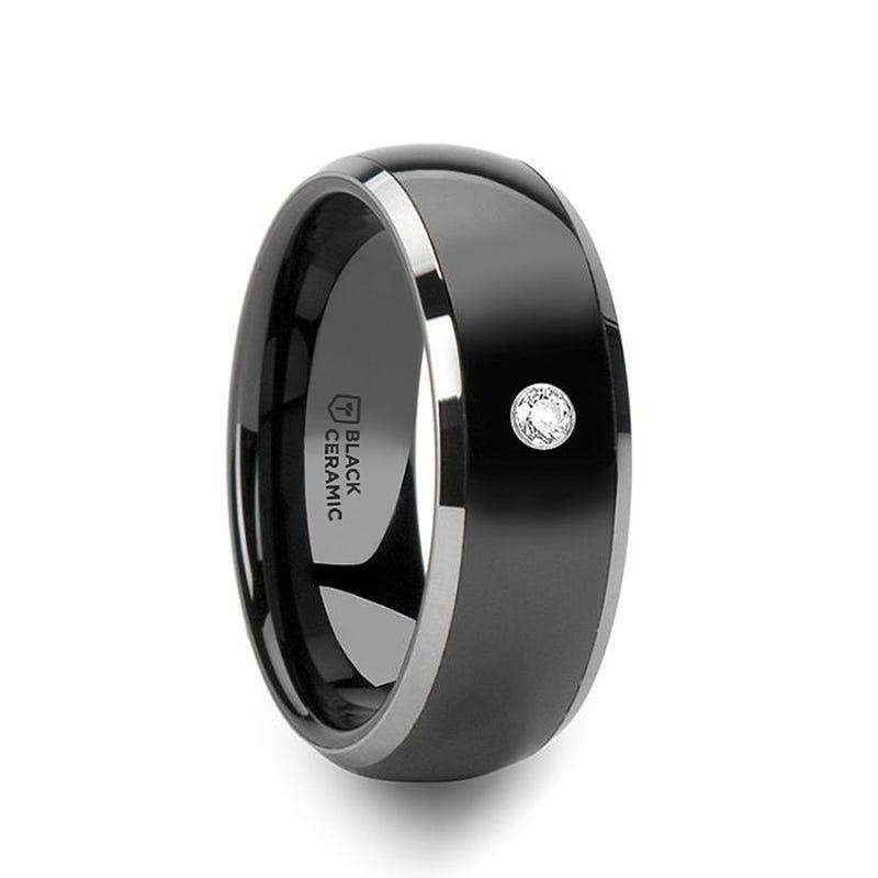 GLENDALE Domed Black Ceramic Comfort Fit Wedding Band with Polished Tungsten Edges and White Diamond Setting - 8mm 8mm