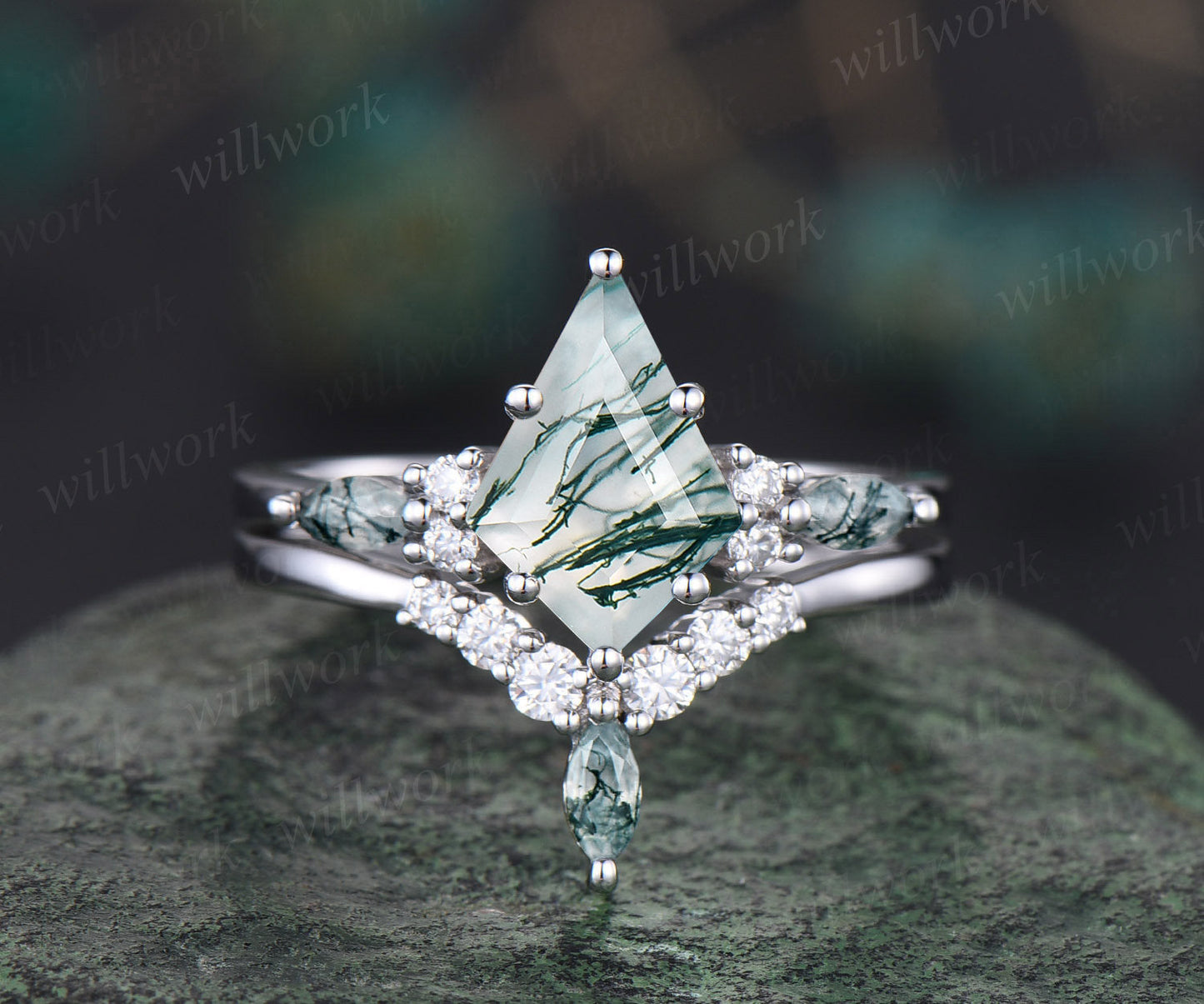 1.5ct Unique kite cut moss agate engagement ring set marquise cut moss agate ring vintage rose gold 6 prong diamond wedding ring set women