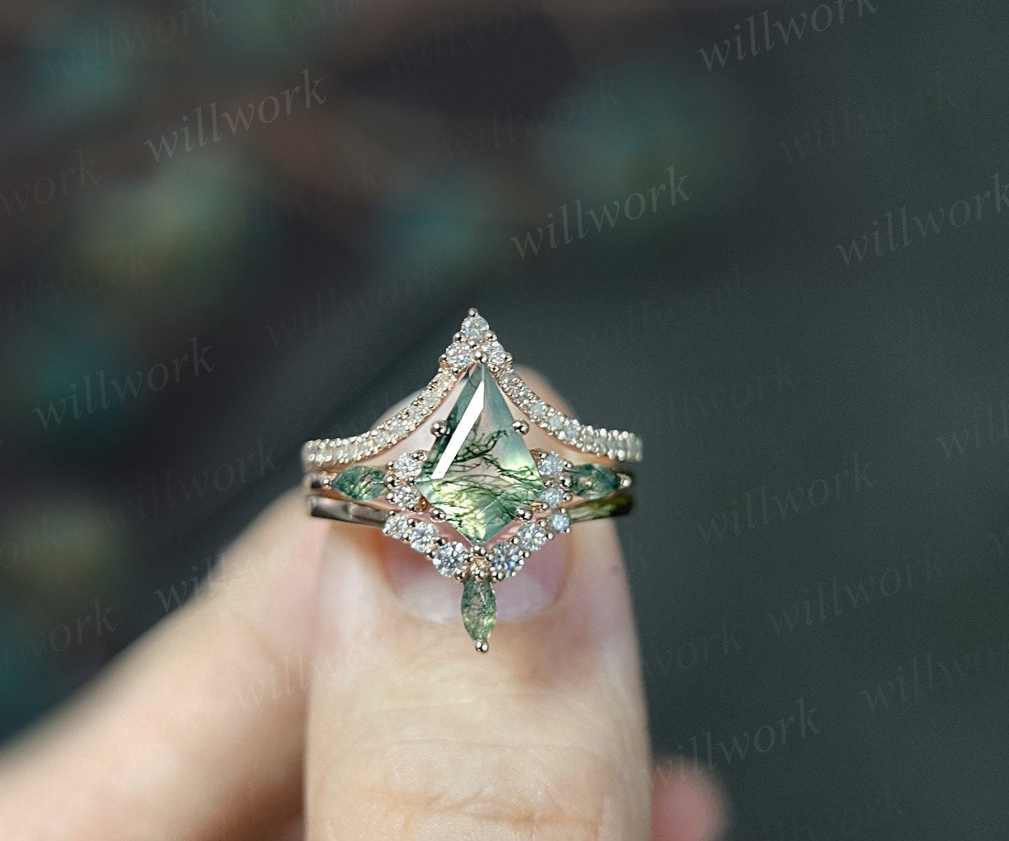 1.5ct Unique kite cut moss agate engagement ring set marquise cut moss agate ring vintage rose gold 6 prong diamond wedding ring set women 3pc ring set + D