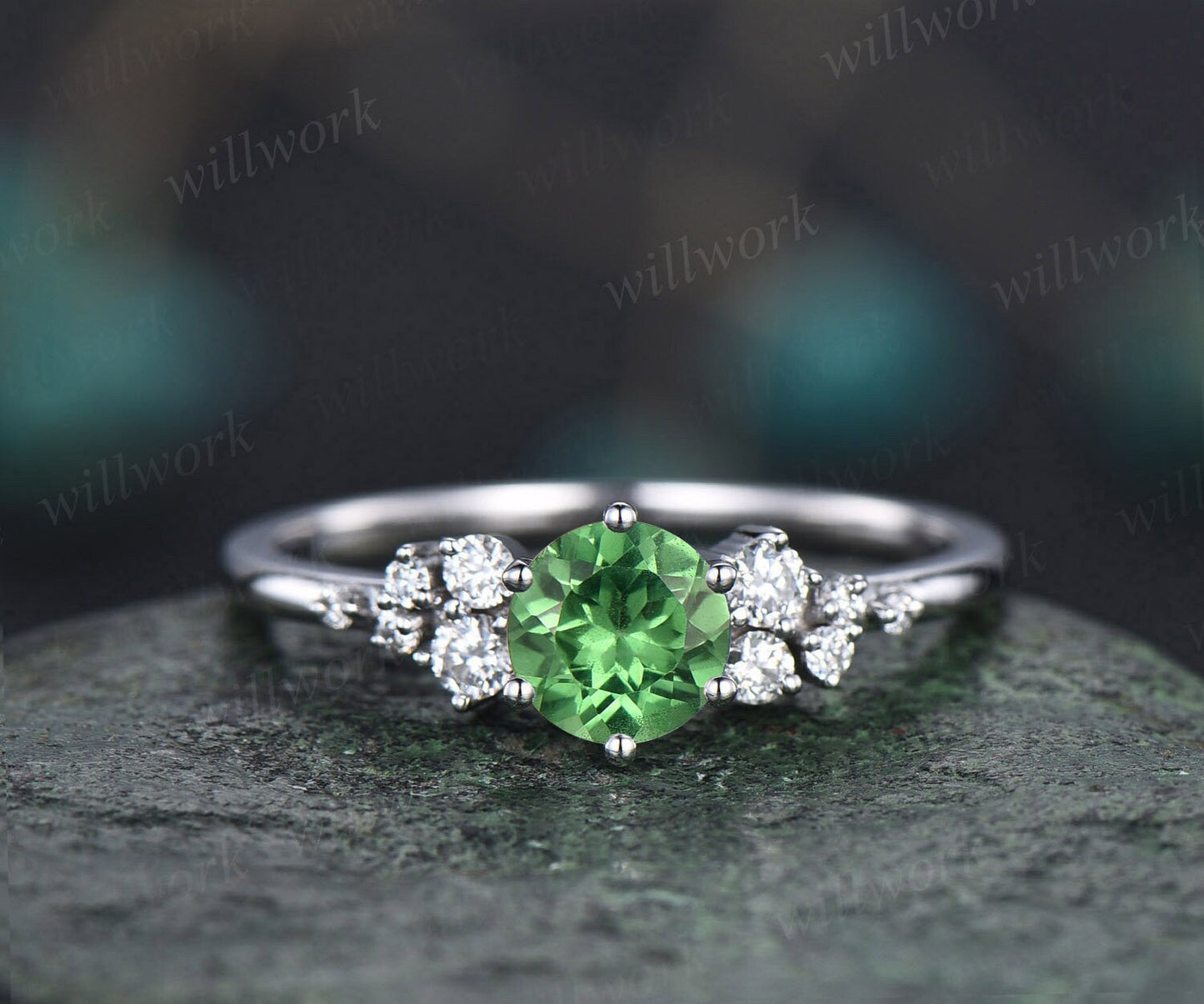 0.5ct Natural Tsavorite ring round cut Tsavorite engagement ring white gold snowdrift diamond ring 6 prong dainty unique wedding ring women