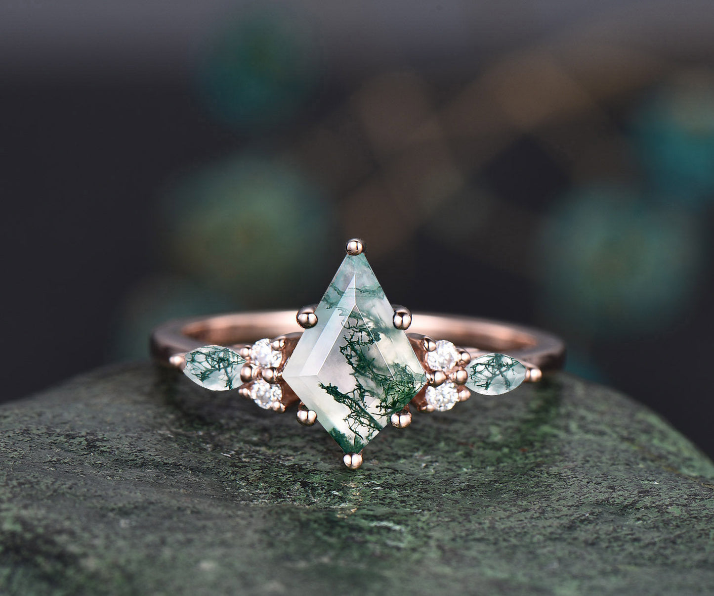 1.5ct Unique kite cut moss agate engagement ring set marquise cut moss agate ring vintage rose gold 6 prong diamond wedding ring set women 1pc main ring+D