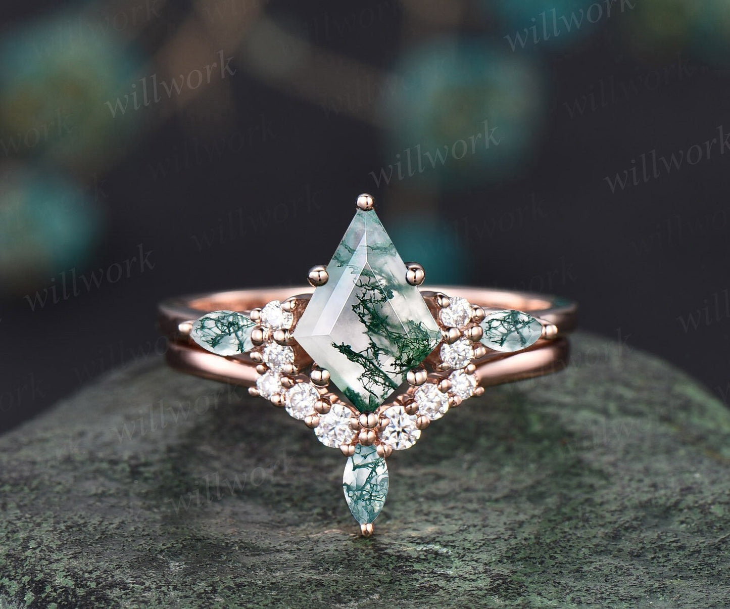 1.5ct Unique kite cut moss agate engagement ring set marquise cut moss agate ring vintage rose gold 6 prong diamond wedding ring set women 2pc ring set+D