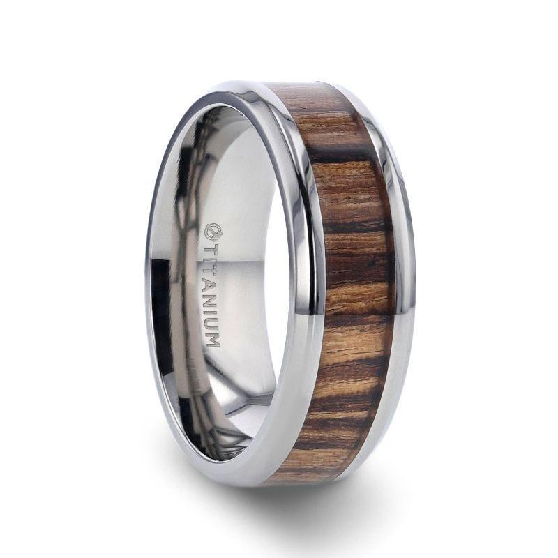 ZINGANA Titanium Ring with Beveled Edges and Real Zebra Wood Inlay - 8mm 8mm