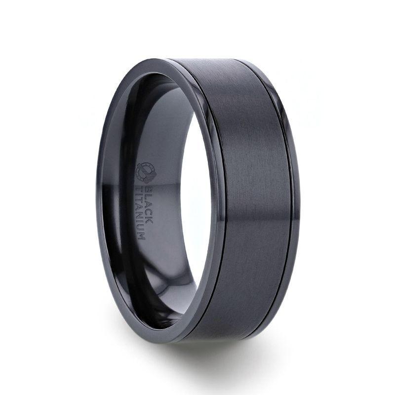 WOLFGANG Black Titanium Brushed Finish Men’s Wedding Ring with Polished Dual Offset Grooves – 6mm & 8mm 8mm