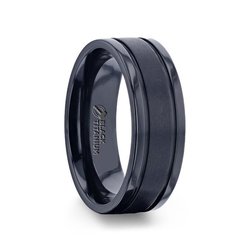 WOLVERINE Brushed Center Black Titanium Men's Wedding Band With Polished Dual Offset Grooves - 8mm 8mm