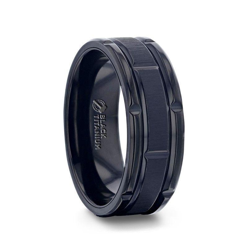 WYNN Alternating Grooves And Horizontal Etched Finish Black Titanium Men's Wedding Band With Alternating Grooved Beveled Polished Edges - 8mm 8mm