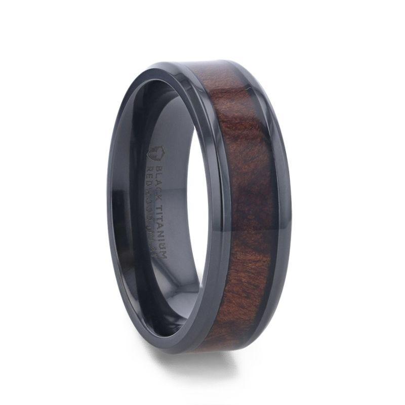 YOSEMITE Redwood inlaid Clear Polished Coated Titanium Men's Wedding Band With Polished Beveled Edges - 8mm 8mm