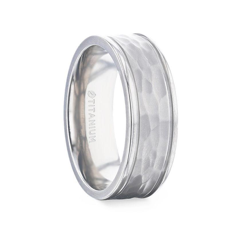 WILLIAM Hammered Finish Center White Titanium Men's Wedding Band With Dual Offset Grooves And Polished Edges - 8mm 8mm