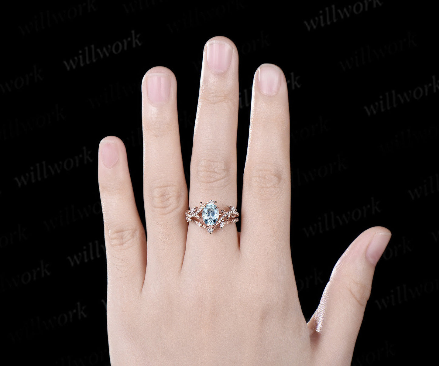 Vintage Oval aquamarine opal engagement ring rose gold art deco leaf nature inspired half eternity diamond anniversary ring women gift