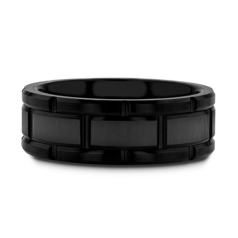 WINDSOR Beveled Black Tungsten Carbide Wedding Band with Brushed Center and Alternating Grooves – 8mm & 10mm