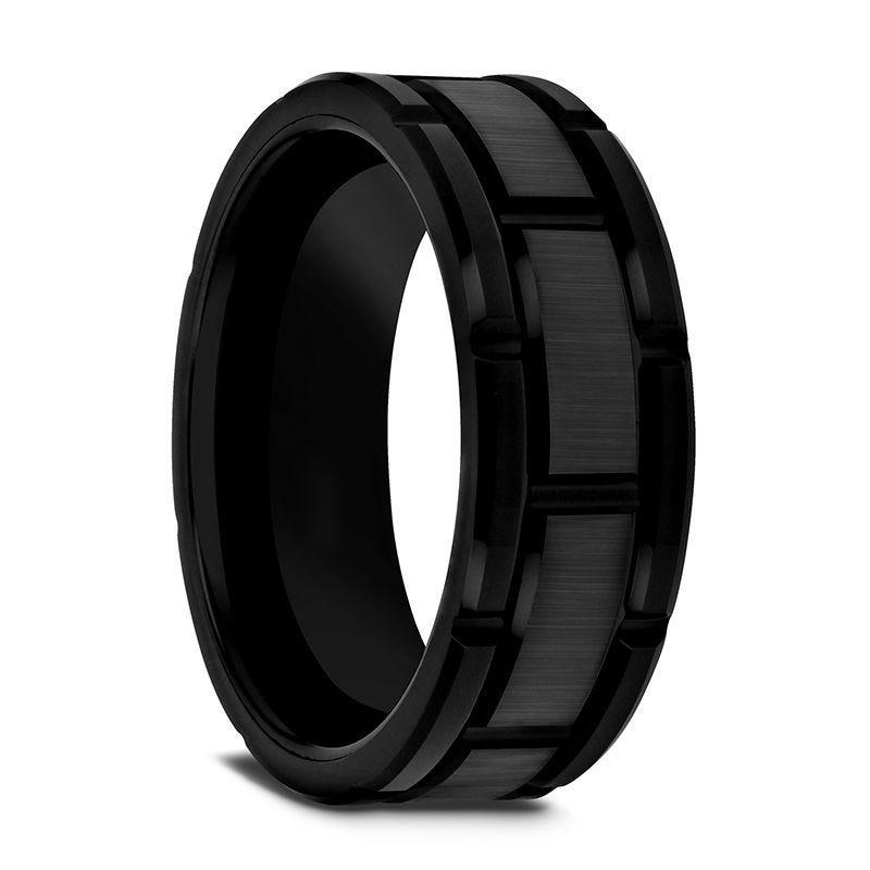 WINDSOR Beveled Black Tungsten Carbide Wedding Band with Brushed Center and Alternating Grooves – 8mm & 10mm 10mm