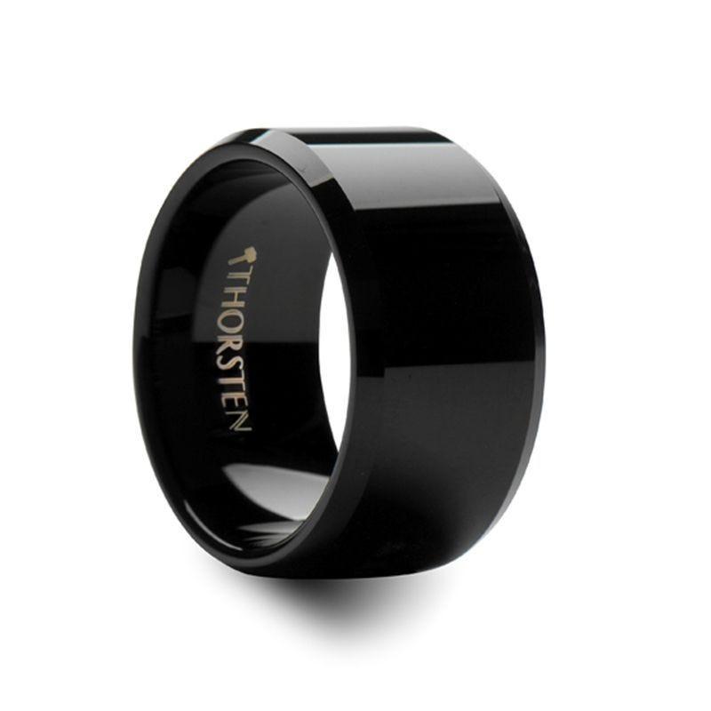 SEATTLE Black Tungsten Carbide Wedding Band with Bevels - 12mm 12mm