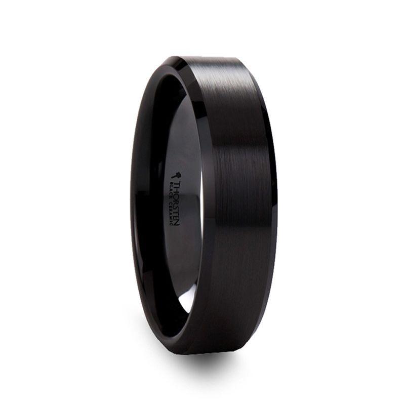 YORKSHIRE Brushed Black Ceramic Wedding Band with Polished Beveled Edges – 6mm or 8mm