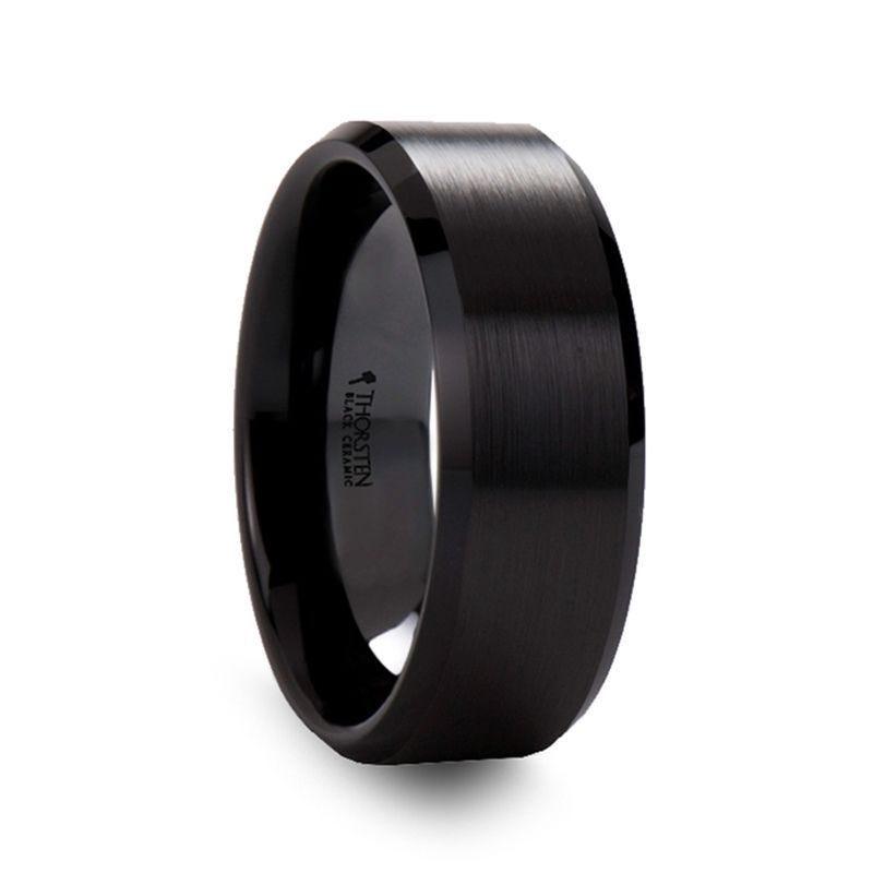 YORKSHIRE Brushed Black Ceramic Wedding Band with Polished Beveled Edges – 6mm or 8mm 8mm