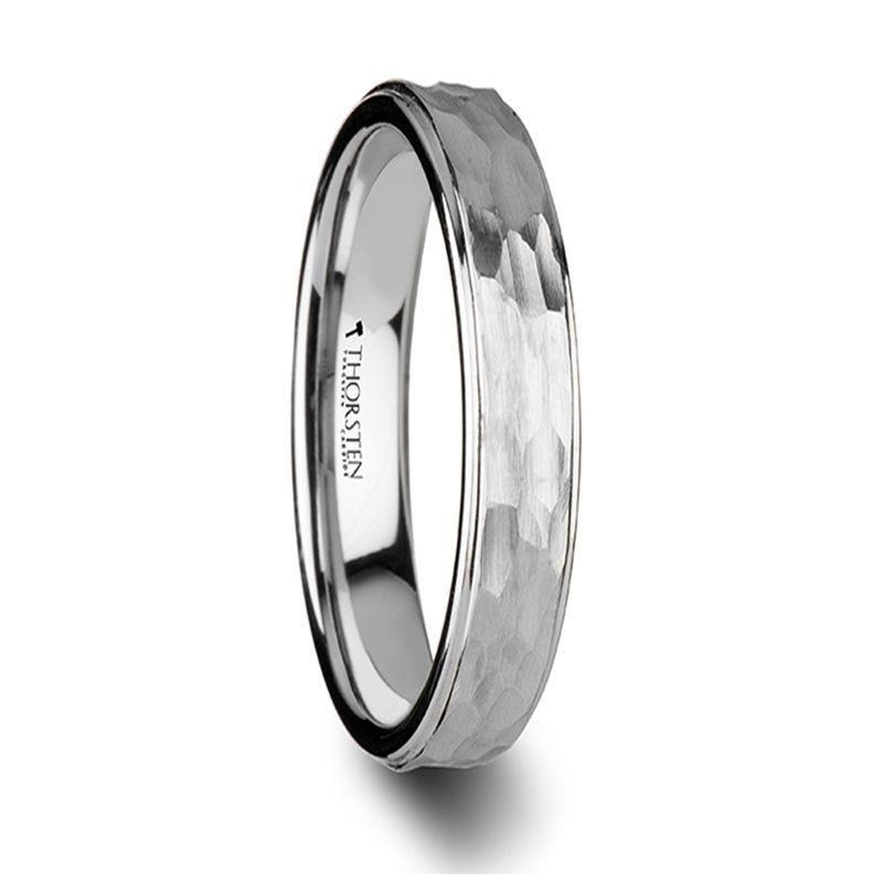 WINSTON White Tungsten Ring with Raised Hammered Finish and Polished Step Edges - 4mm - 10mm 4mm