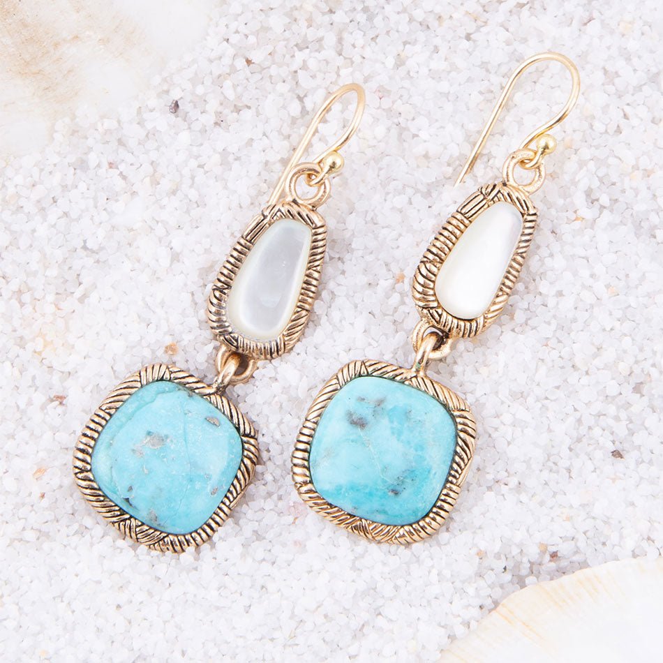White Mother of Pearl and Blue turquoise Golden Bronze Drop Earrings