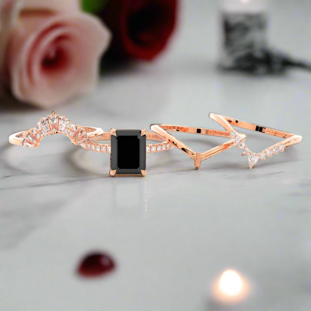 You Are Worth It- Black Emerald Cut Diamond Gothic Promise Ring Set Black Moissanite 14K Rose Gold