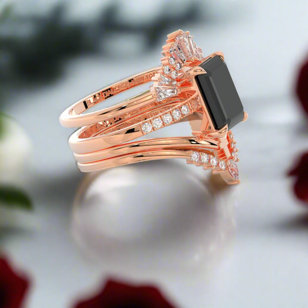 You Are Worth It- Black Emerald Cut Diamond Gothic Promise Ring Set