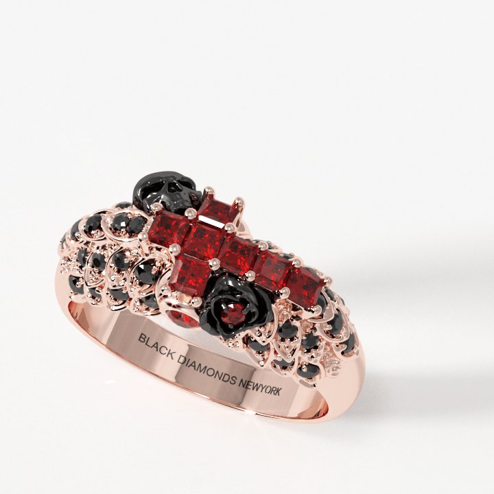 You're My Life- 14K Gold Skull, Cross Black Rose EVN™ and Diamond Gothic Promise Ring Red+Black Diamond Alternative Silver+Rose Gold Plating