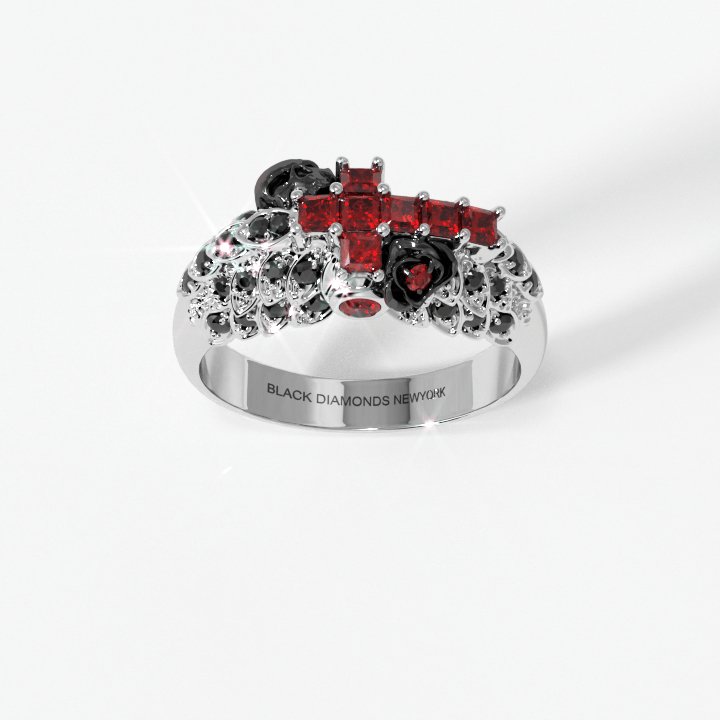 You're My Life- 14K Gold Skull, Cross Black Rose EVN™ and Diamond Gothic Promise Ring Red+Black Diamond Alternative Silver