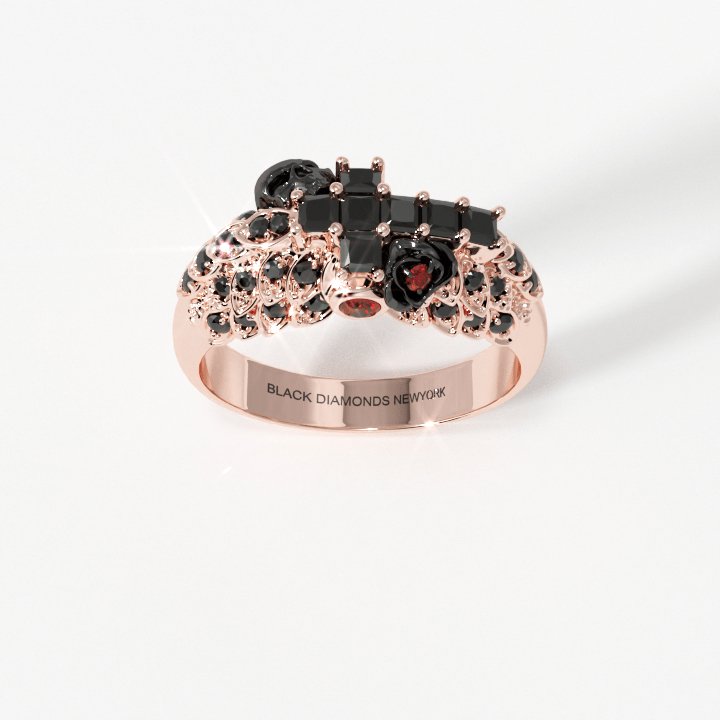 You're My Life- 14K Gold Skull, Cross Black Rose EVN™ and Diamond Gothic Promise Ring Custom Size (3-15 US)
