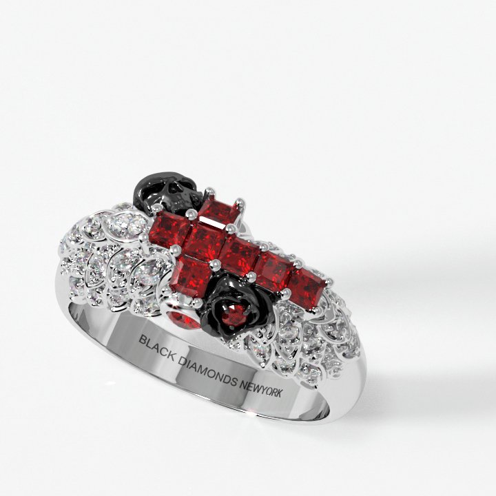 You're My Life- 14K Gold Skull, Cross Black Rose EVN™ and Diamond Gothic Promise Ring Red+Clear Diamond Alternative Silver