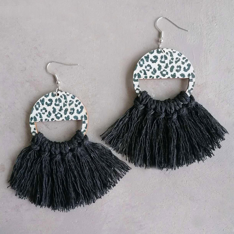Tassel Detail Leopard Drop Earrings Black One Size
