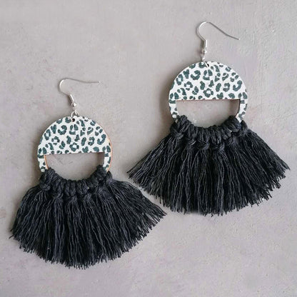 Tassel Detail Leopard Drop Earrings Black One Size