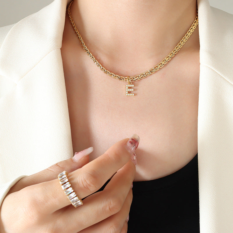 Brass Inlaid Zircon Letter Pendant Necklace Style E One Size