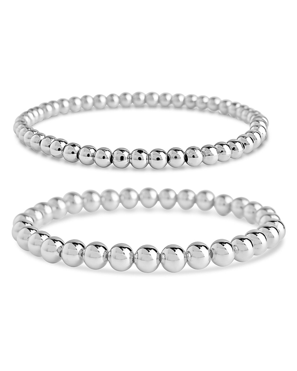 Sterling Silver Beaded Stretch Bracelet Sets Silver 2 Pc Set: 4mm 6mm