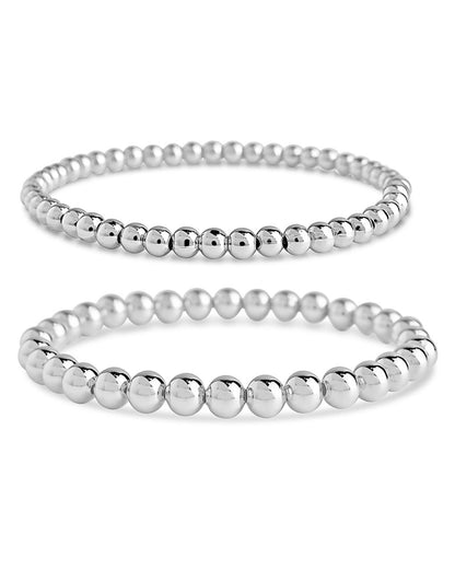 Sterling Silver Beaded Stretch Bracelet Sets Silver 2 Pc Set: 4mm 6mm