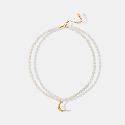 Pearl Titanium Steel Moon Shape Pendant Necklace Gold One Size