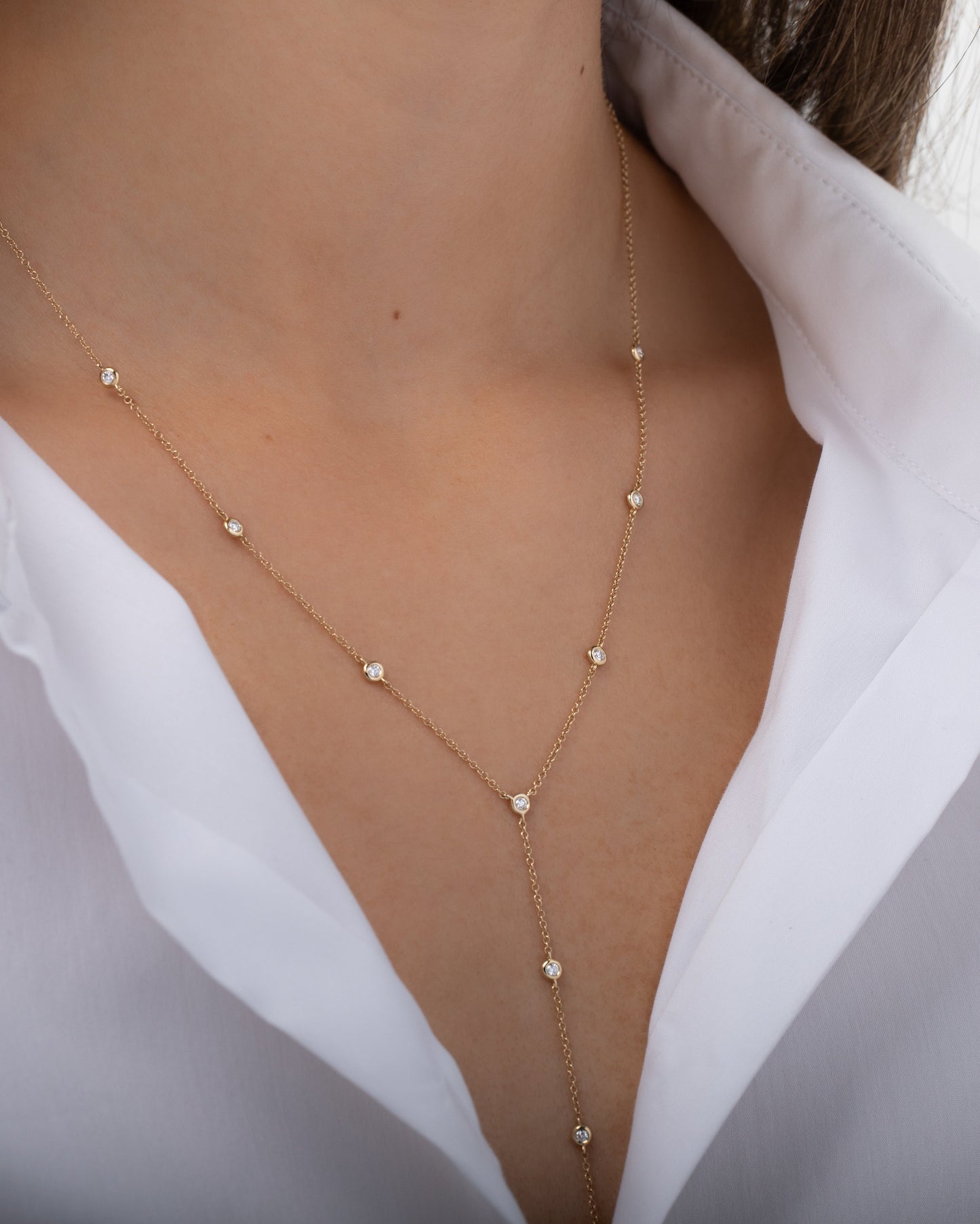14k Gold Bezel Diamond by the Yard Lariat Necklace