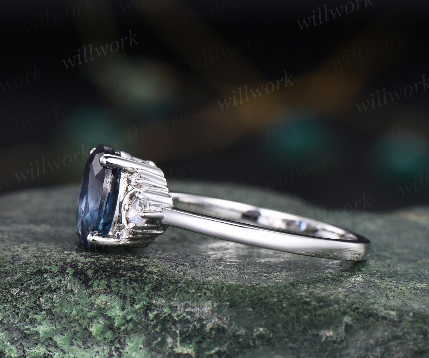1.5ct oval cut Alexandrite engagement ring unique deco moon ring crescent nature inspired ring June birthstone promise anniversary ring for women