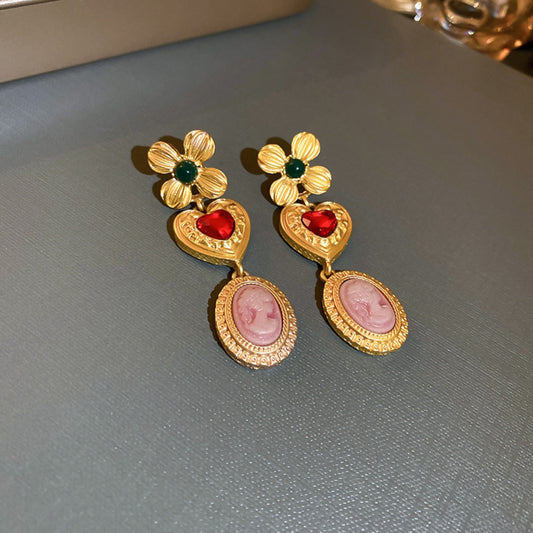 Copper Inlaid Rhinestone Vintage Earrings Gold One Size