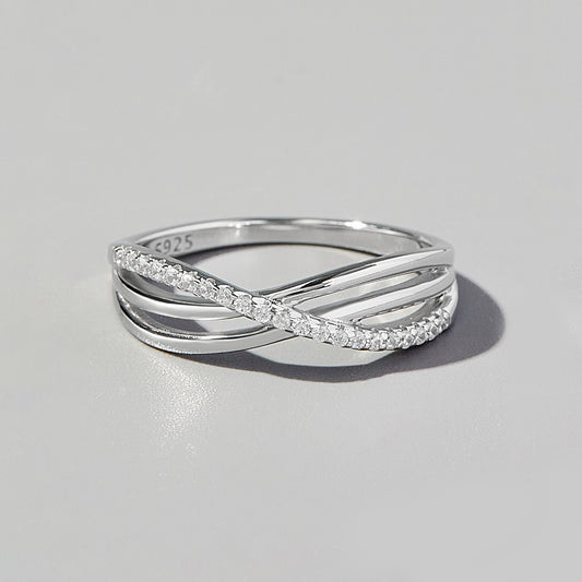 Crisscross Inlaid Zircon 925 Sterling Silver Ring Silver